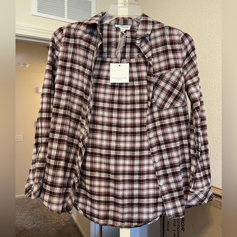 Black, red and white plaid button up